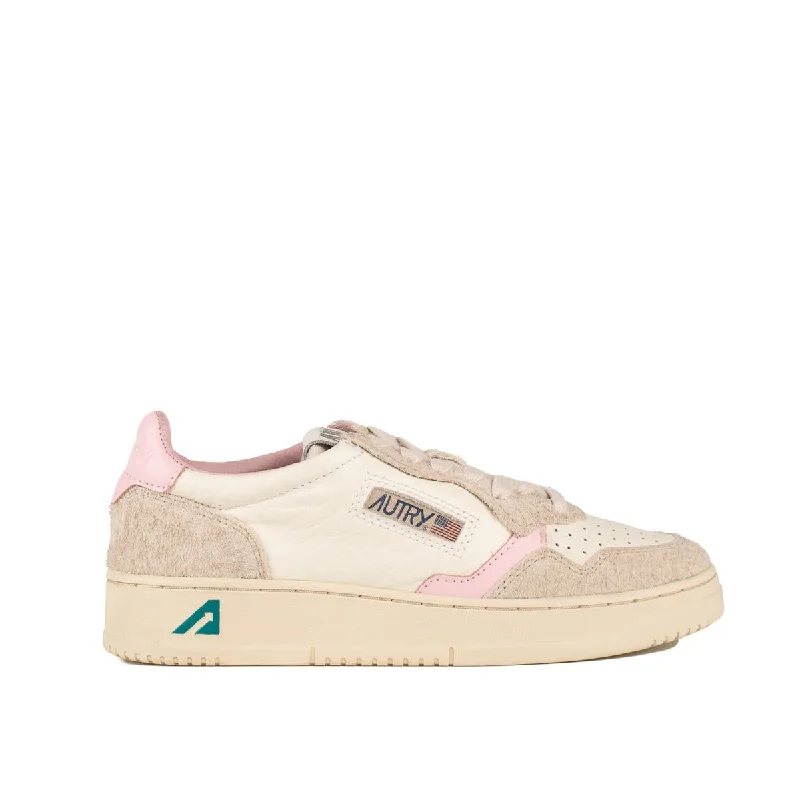 Autry Two-Tone White And Pink Leather And Beige Suede Effect Hair Medalist Low Sneakers