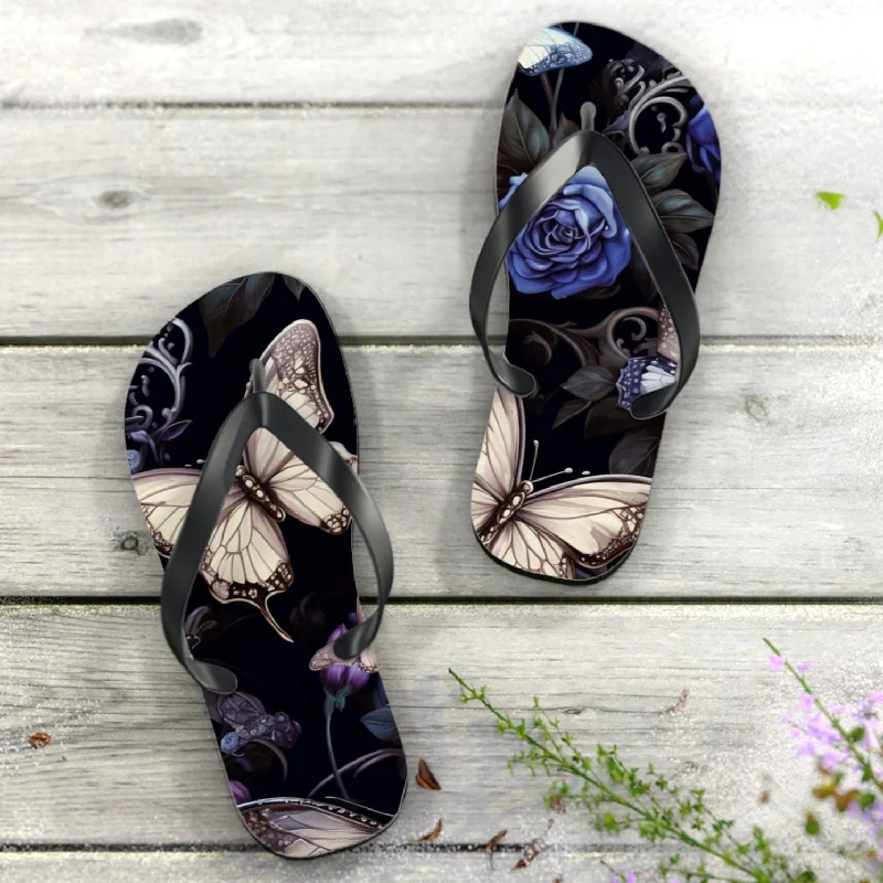 Blue Flowers With Butterflies Flip Flops