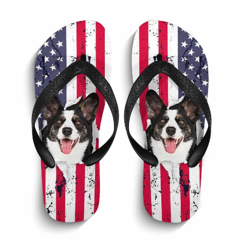 Custom Pet Face US Flag Flip Flops For Both Man And Woman Funny Gift For Vacation,Wedding Ideas For Guests