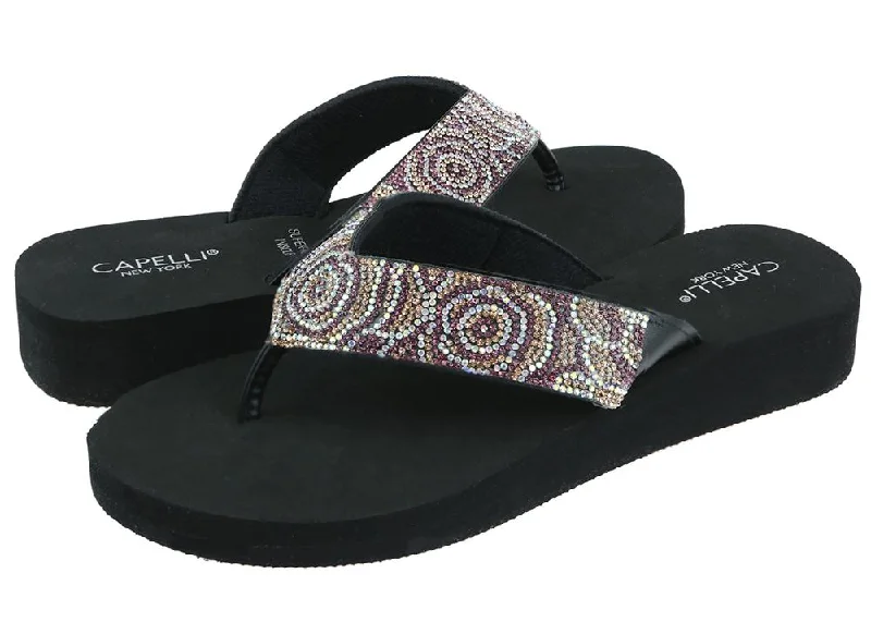 Ladies Black Tonal Gem Trimmed Wedge Flip Flop