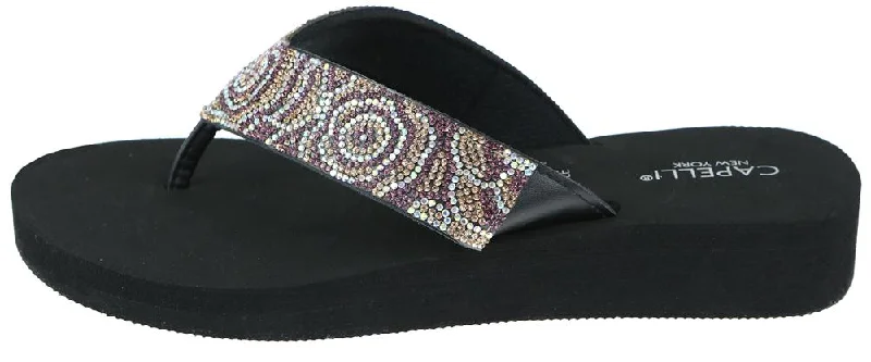 Ladies Black Tonal Gem Trimmed Wedge Flip Flop