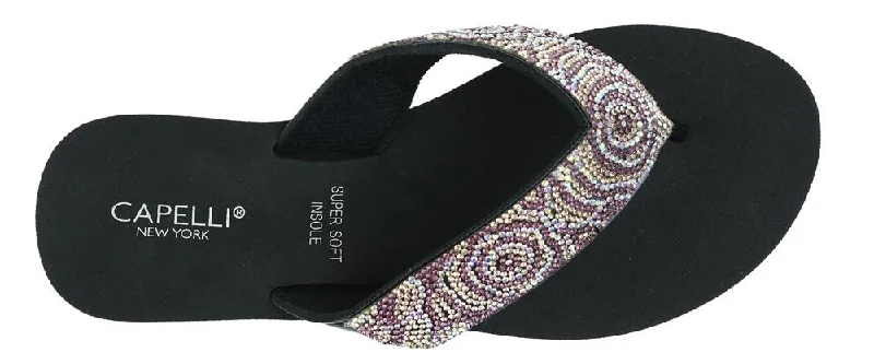 Ladies Black Tonal Gem Trimmed Wedge Flip Flop