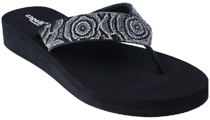 Ladies Jet Black Tonal Gem Trimmed Wedge Flip Flop