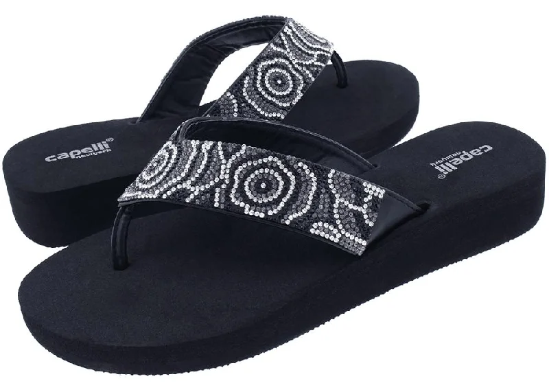 Ladies Jet Black Tonal Gem Trimmed Wedge Flip Flop