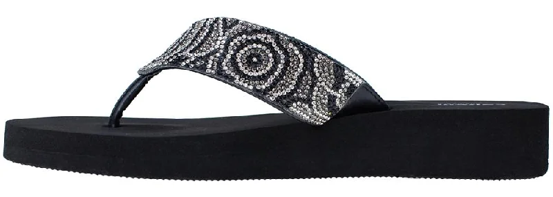 Ladies Jet Black Tonal Gem Trimmed Wedge Flip Flop