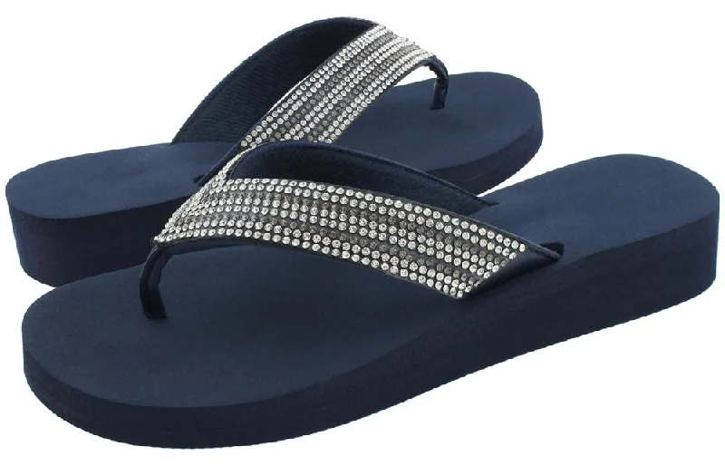 Ladies Navy Gem Trimmed Wedge Flip Flop