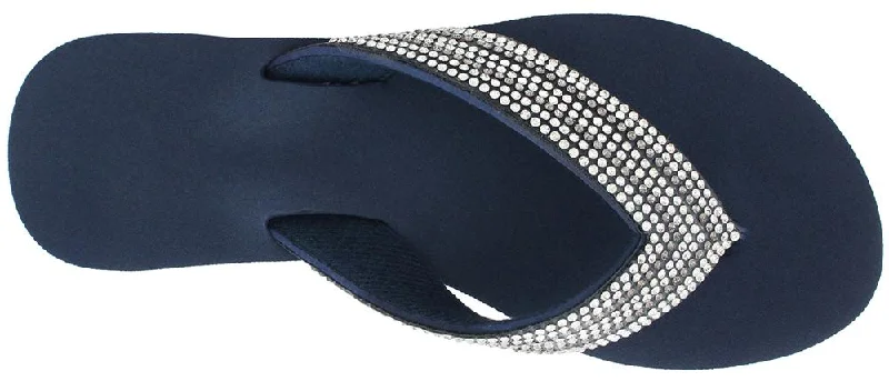 Ladies Navy Gem Trimmed Wedge Flip Flop