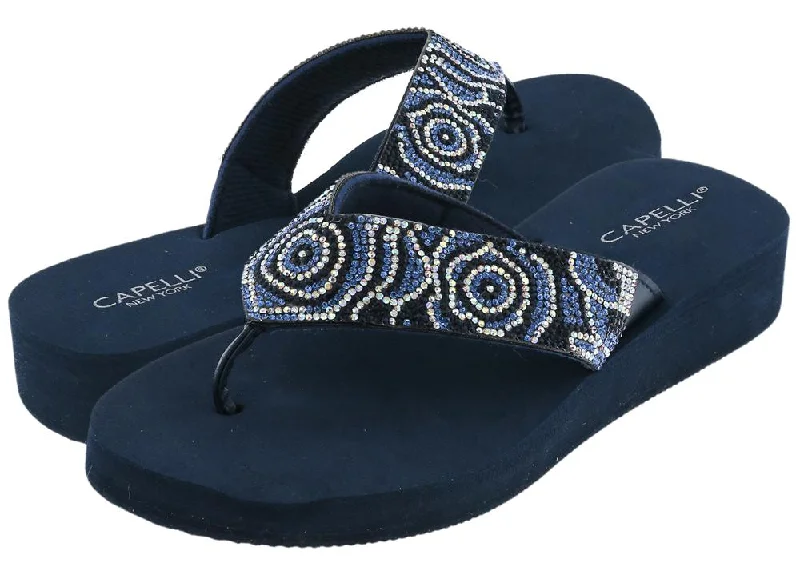 Ladies Navy Tonal Gem Trimmed Wedge Flip Flop