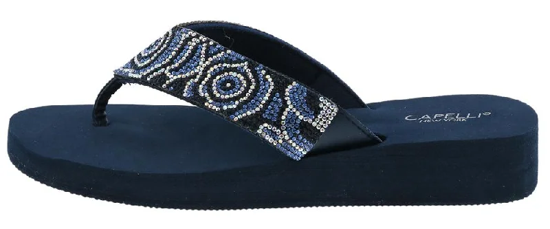 Ladies Navy Tonal Gem Trimmed Wedge Flip Flop