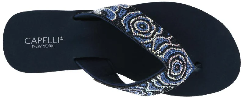 Ladies Navy Tonal Gem Trimmed Wedge Flip Flop