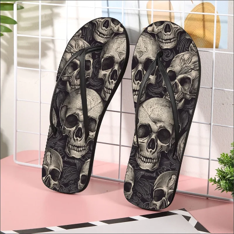 Women's Gray Skulls Flip Flops Black or White