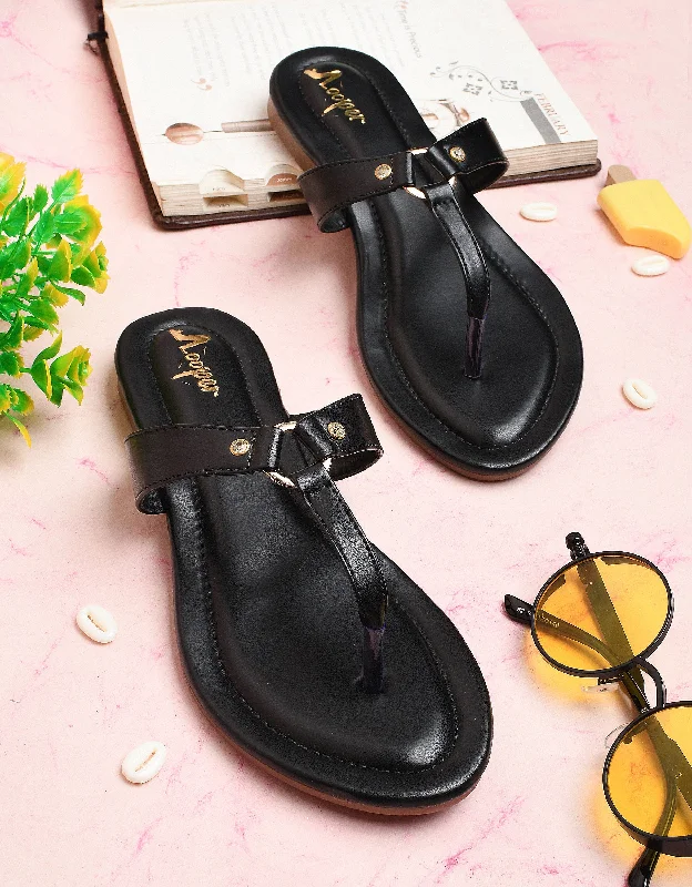 Metallic T-strap Black Flats