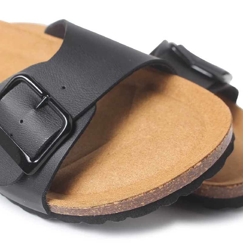 Cordoba Vegan Leather Slide Cork Sandal - Black