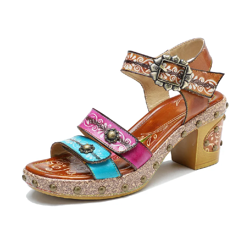 CrazycatZ Leather Block Heel Roman Sandals,Women Leather Bohemian Colorful Sandal 1008