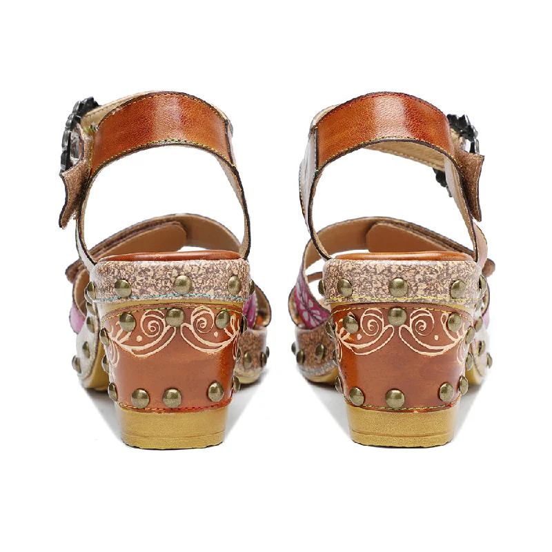 CrazycatZ Leather Block Heel Roman Sandals,Women Leather Bohemian Colorful Sandal 1008