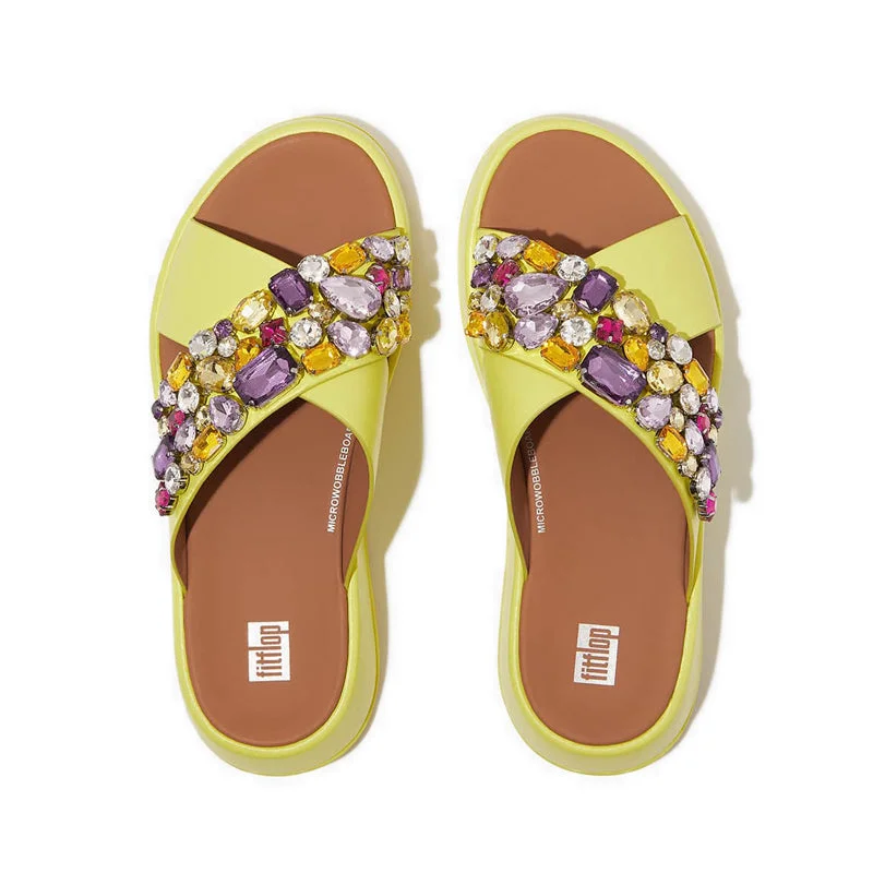 F-MODE JEWEL-DELUXE LEATHER FLATFORM CROSS SLIDES