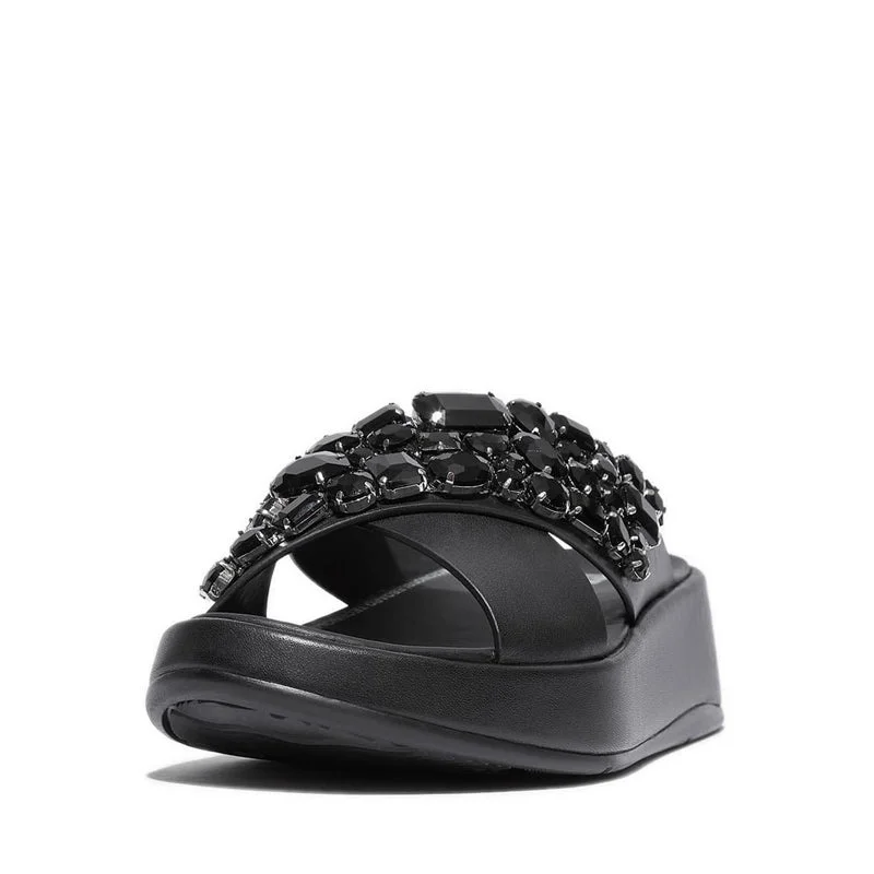 F-MODE JEWEL-DELUXE LEATHER FLATFORM CROSS SLIDES