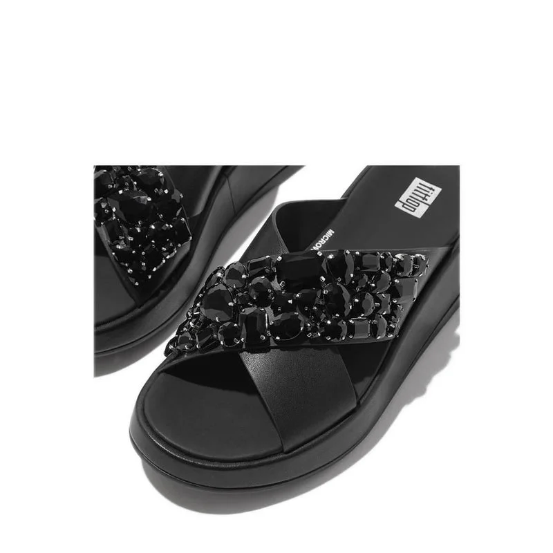 F-MODE JEWEL-DELUXE LEATHER FLATFORM CROSS SLIDES