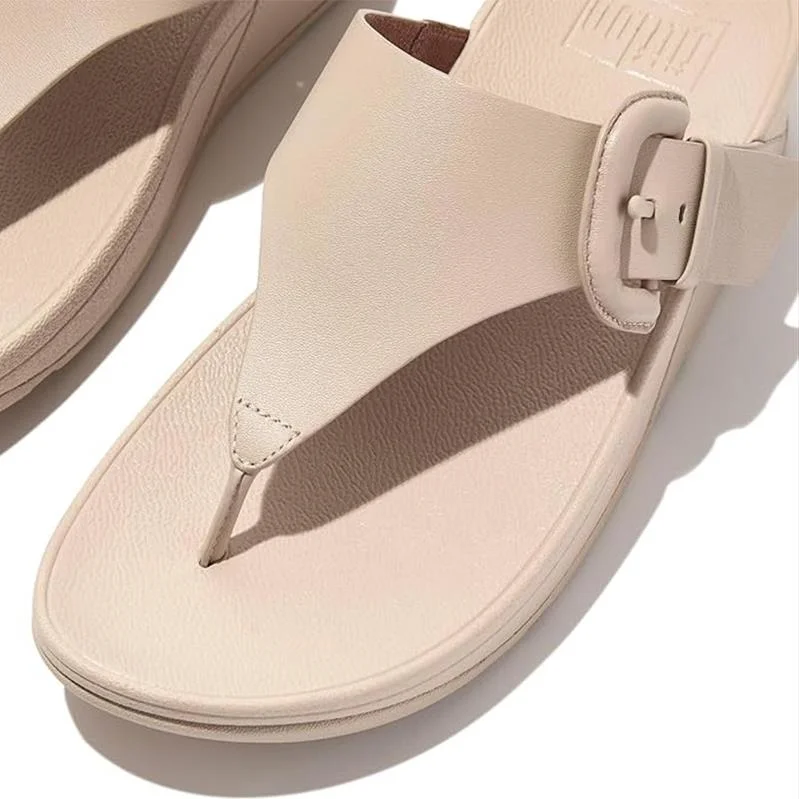 FitFlop Lulu Covered-Buckle Raw-Edge Leather in Stone Beige