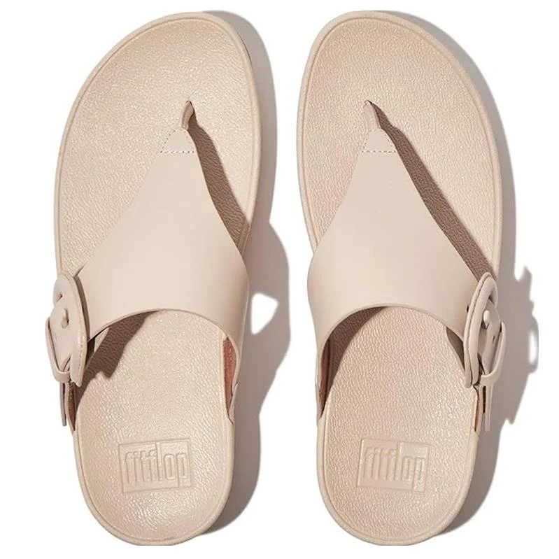 FitFlop Lulu Covered-Buckle Raw-Edge Leather in Stone Beige