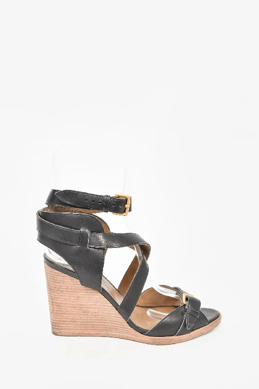 Hermès Black Leather Wedge Sandals Size 36