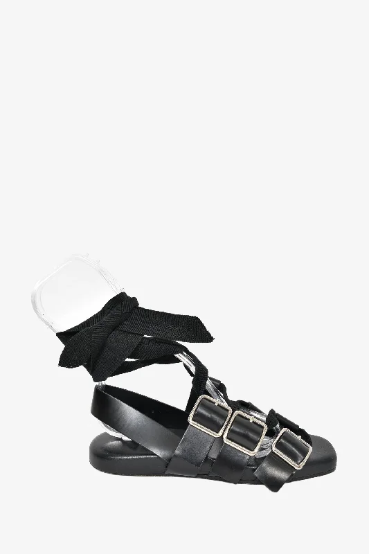 Jill Sander Black Leather Buckle Sandals With Ribbon Size 35.5