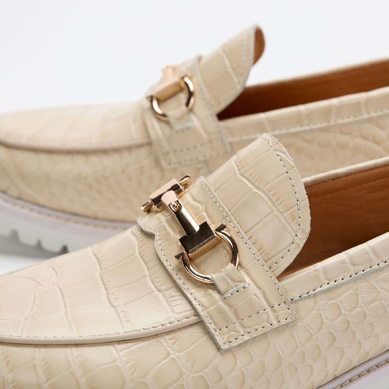 Ms. Boulevard Beige Croc Leather Bit Loafers