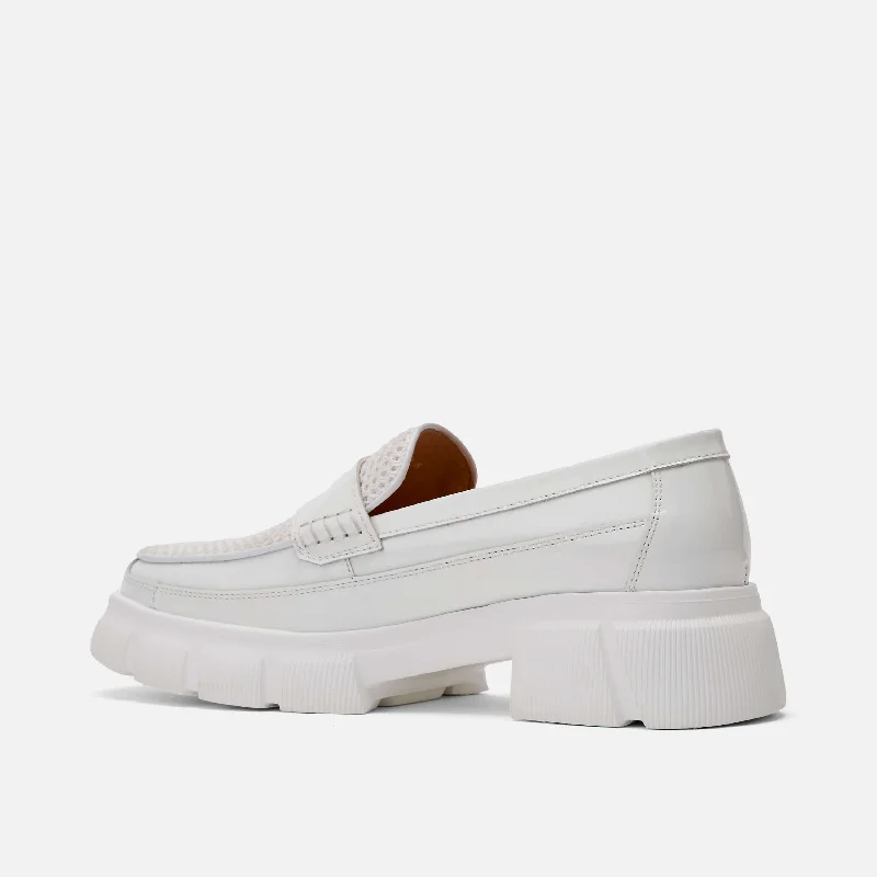 Ms. Calum White Patent Leather Penny Loafers