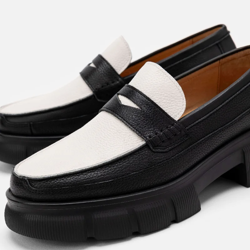 Ms. Calum Black/White Pebble Leather Lug Penny Loafers