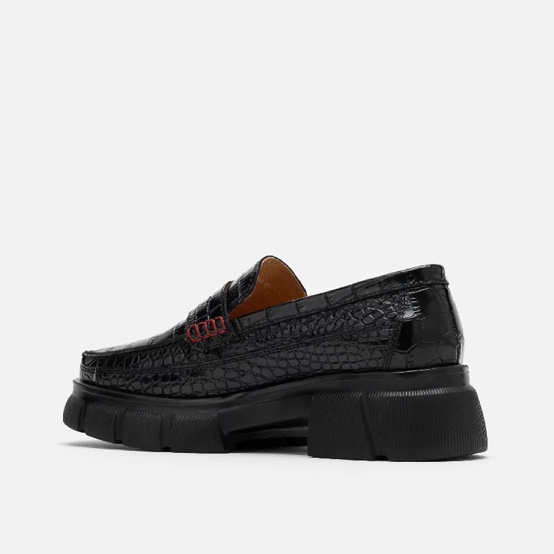 Ms. Calum Black Croc Leather Lug Penny Loafers