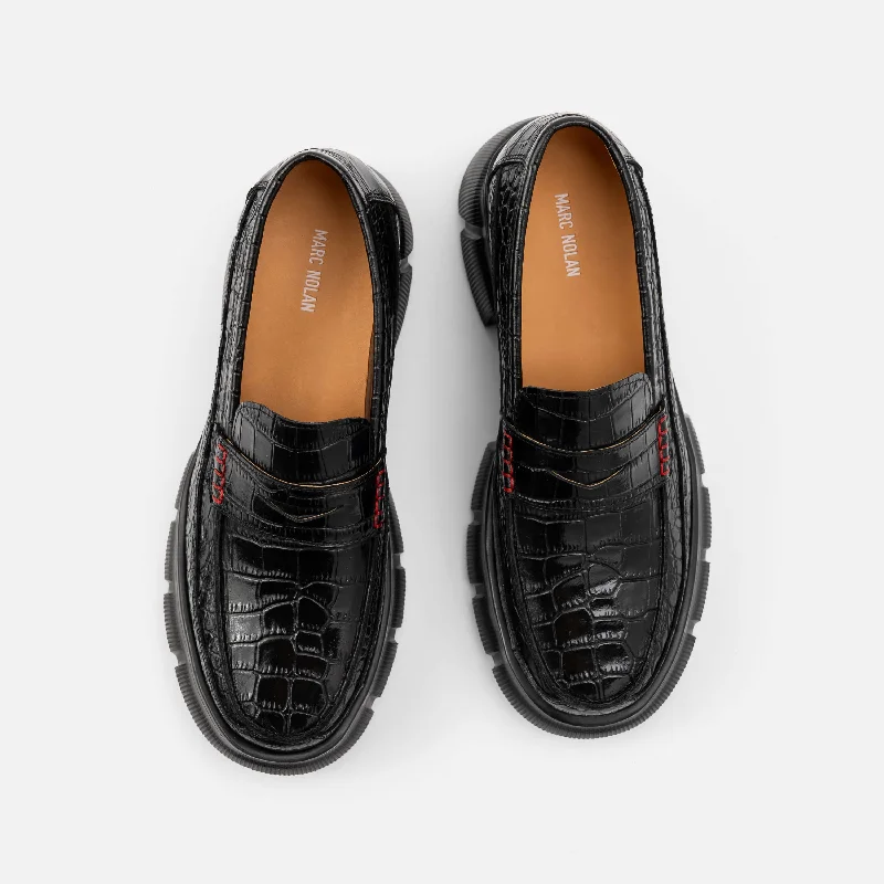 Ms. Calum Black Croc Leather Lug Penny Loafers