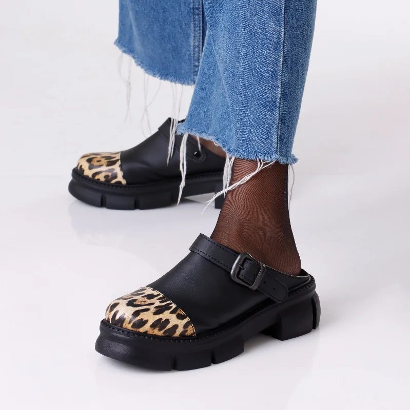 Slip on Buckle Loafer | Black & Leopard