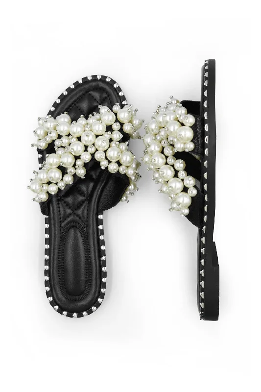 IONA WIDE FIT PEARL EMBELLLISHED FLAT SLIDER SANDALS IN BLACK