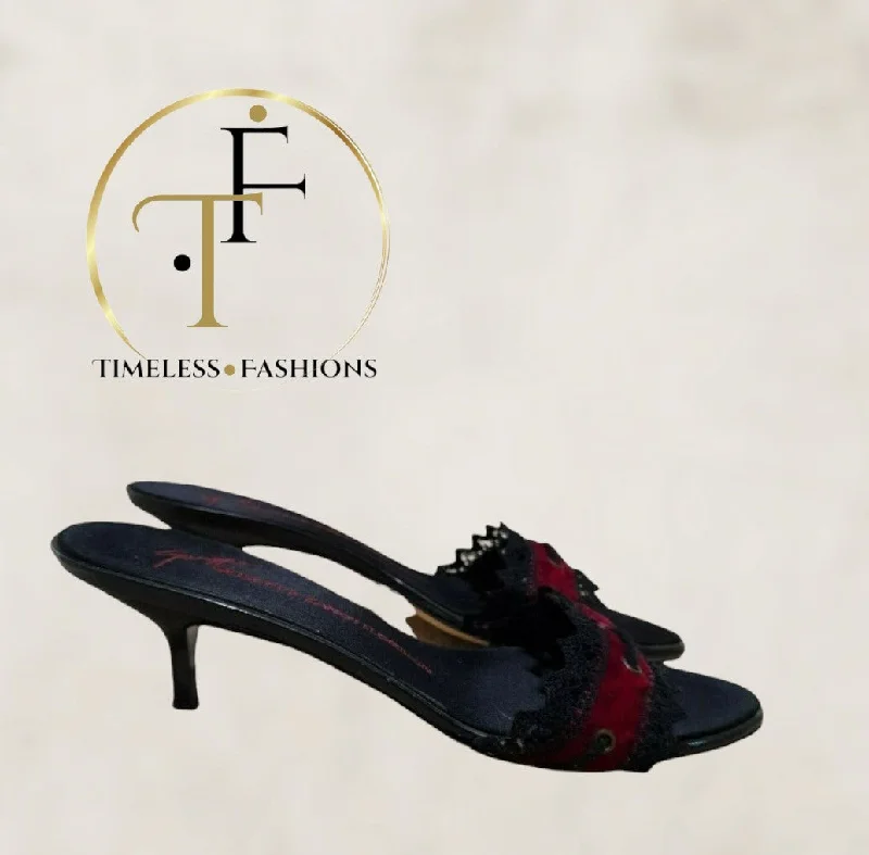 Giuseppe Zanotti Black Kitten Heel Red Velvet Sandals UK 6.5 US 9 EU 40