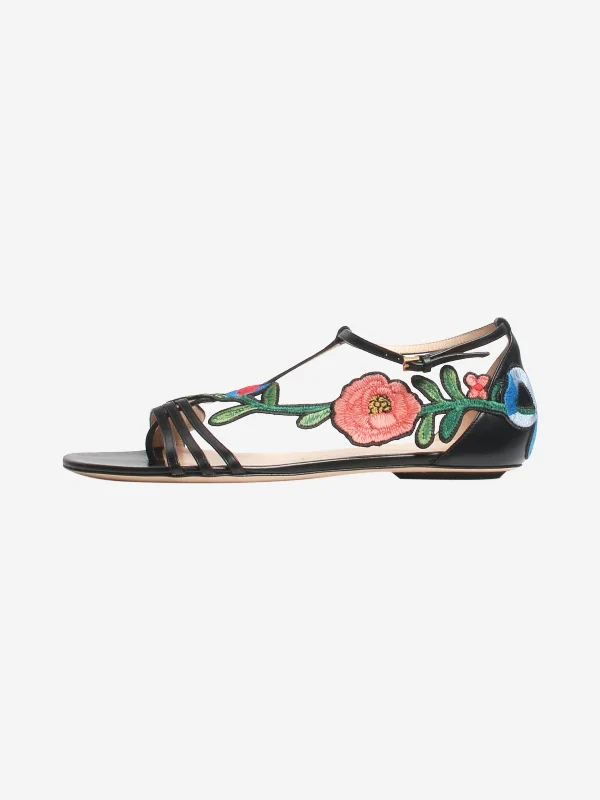 Black floral embroidered flat sandals - size EU 39