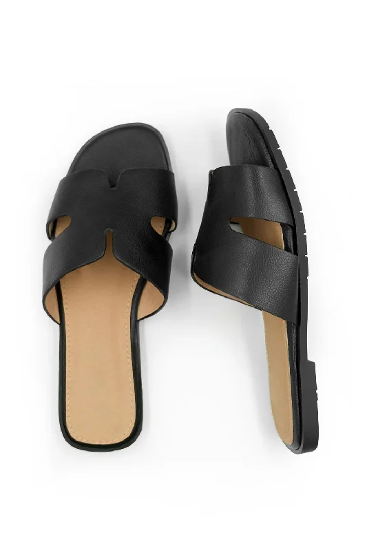 MAE WIDE FIT PU STRAP SANDALS IN BLACK FAUX LEATHER