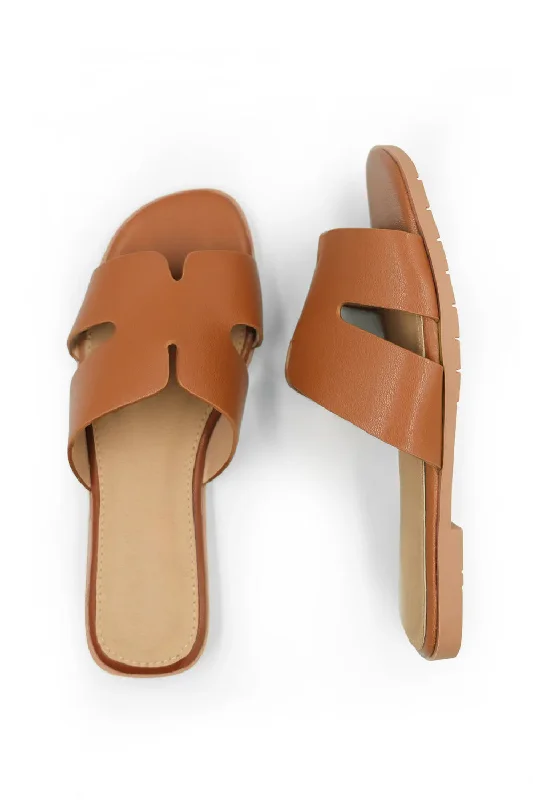 MAE WIDE FIT PU STRAP SANDALS IN TAN FAUX LEATHER