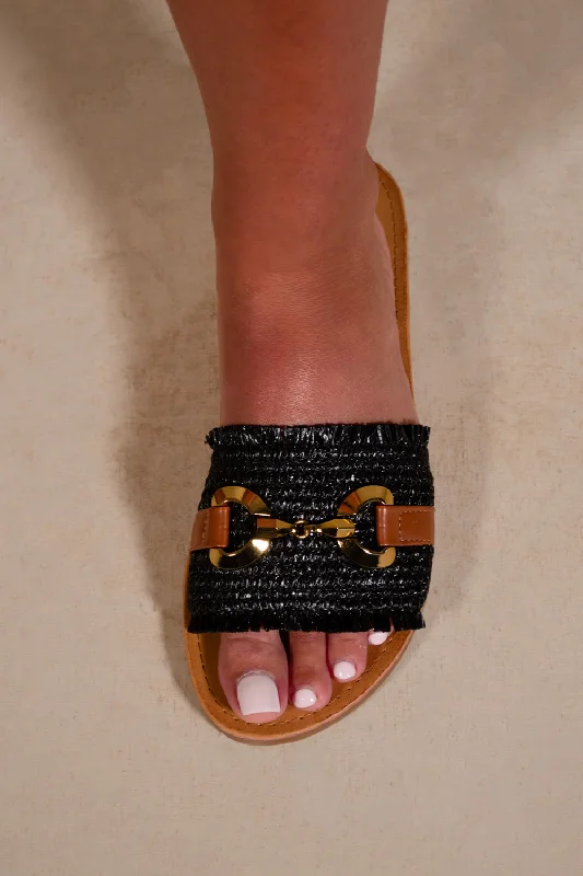 JORDYN SINGLE BAND SLIDER SANDALS WITH BUCKLE IN BLACK