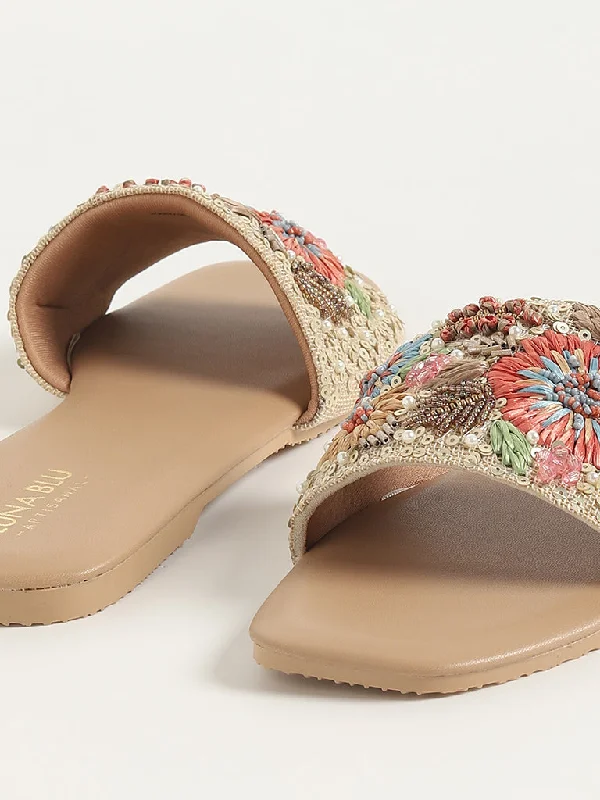 LUNA BLU Beige Artisanal Embroidered Slides