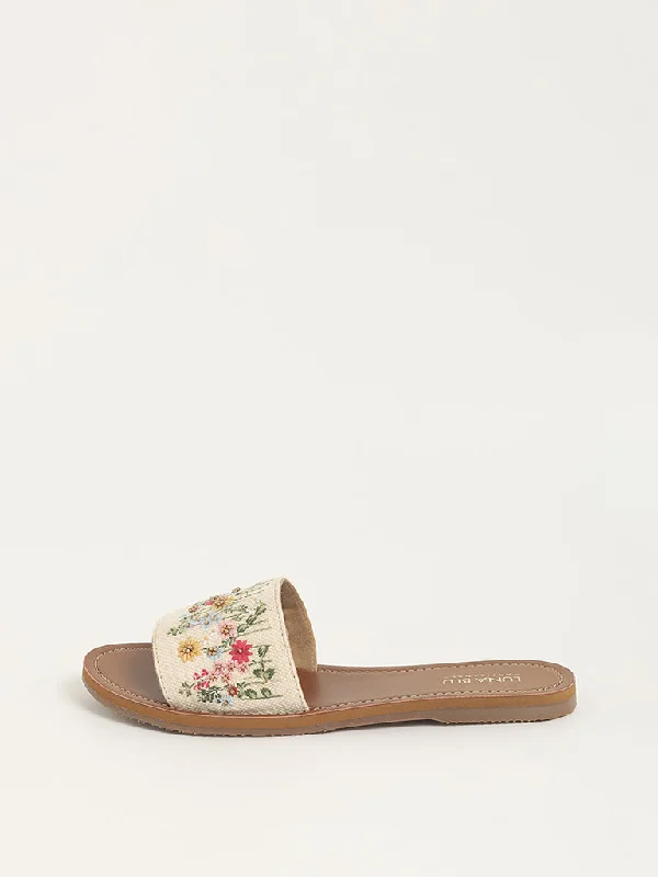 LUNA BLU Beige Floral Embroidered Sandals