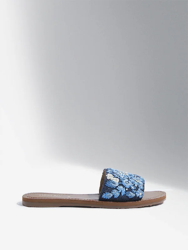 LUNA BLU Blue Floral Embroidered Slides