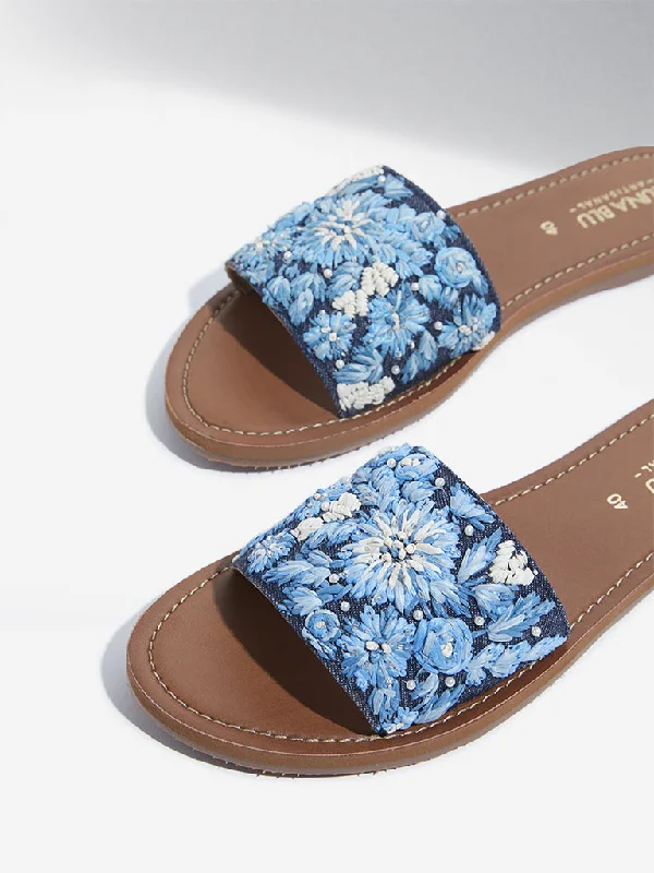 LUNA BLU Blue Floral Embroidered Slides