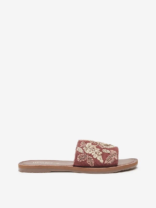 LUNA BLU Tan Embroidered Raffia Slides