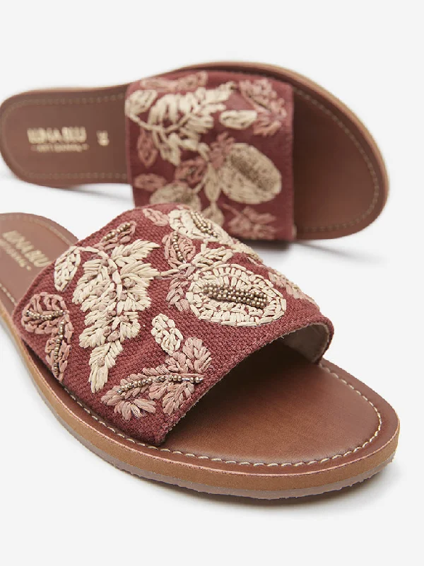 LUNA BLU Tan Embroidered Raffia Slides