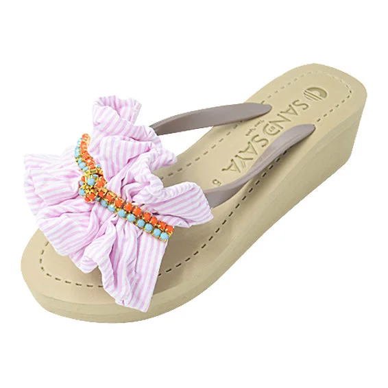 Pink Hudson- Stipe Ruffle Mid Wedge Flip Flops