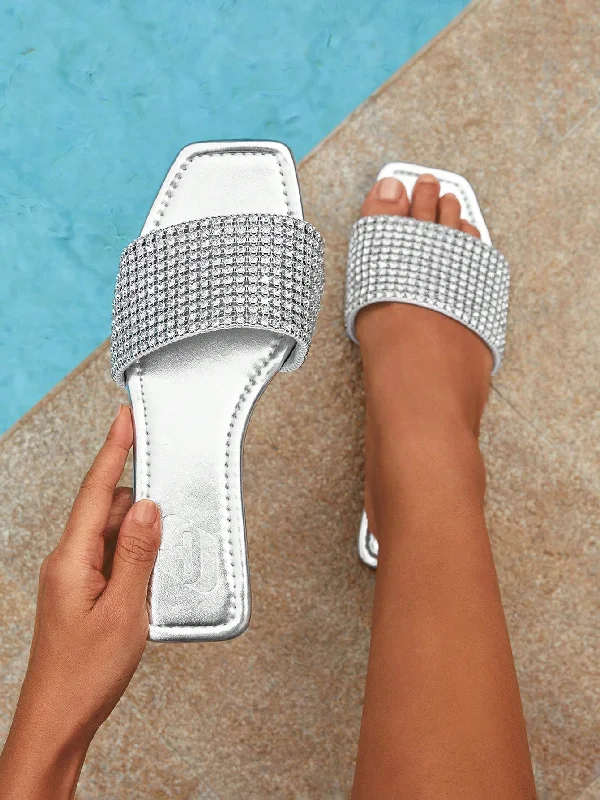 Women Rhinestone Decor Slides, Glamorous Artificial Leather Flat Sandals