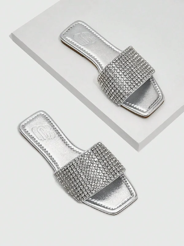 Women Rhinestone Decor Slides, Glamorous Artificial Leather Flat Sandals