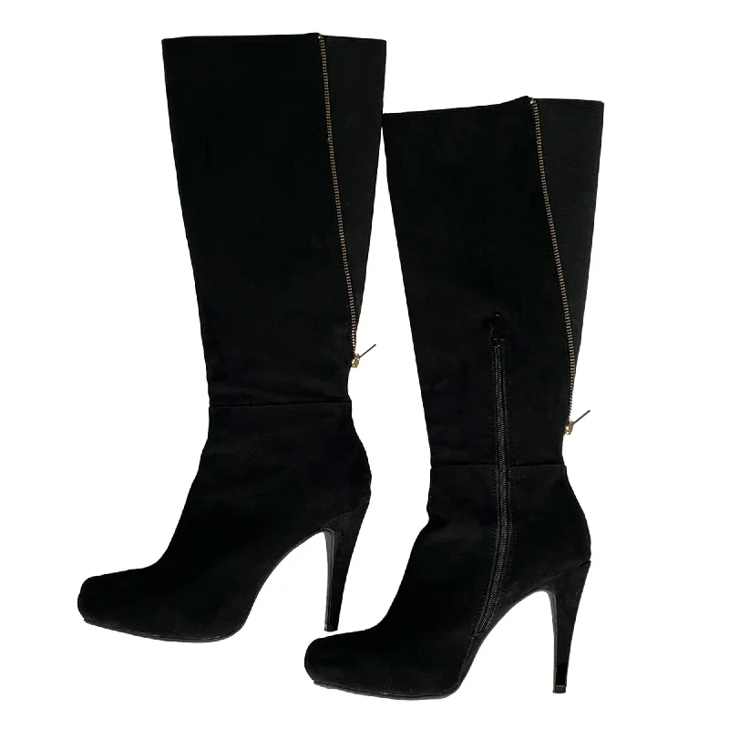 Women's Black Suede Fashion Boots, High Heel, Knee High, Wide Leg - 8M