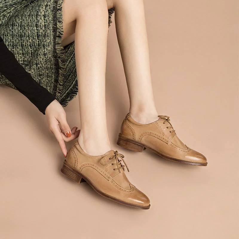 Women Wingtip Shoes Handmade Sheepskin Full Brogues Oxfords & Tie Low Heel Elegant Brown/Black (better suited for thin feet)